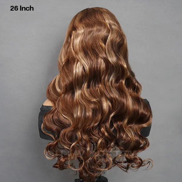 OhMyPretty Wear Go Highlight Brown Glueless  6x4 Lace Body Wave Wig Breathable Cap Human Hair Pre plucked & Pre Cut
