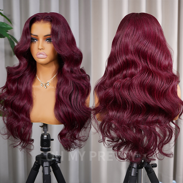 New In Layered Cut Body Wave 99J Burgundy 7x5 Wear Go Wig Pre-Cut Glueless Wig Human Hair