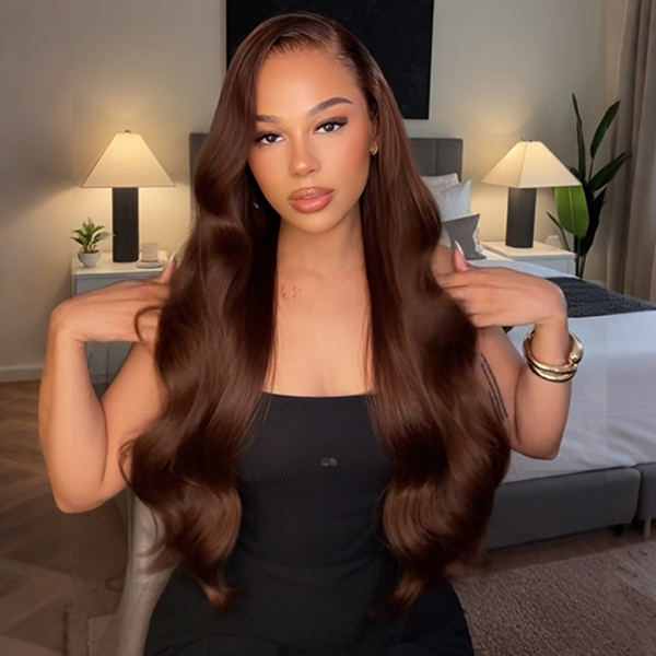 OhMyPretty Face-Framing Layers Chocolate Brown Color Wear Go Upgraded Body Wave Glueless 6x4 Lace Wig With Pre-plucked Hairline