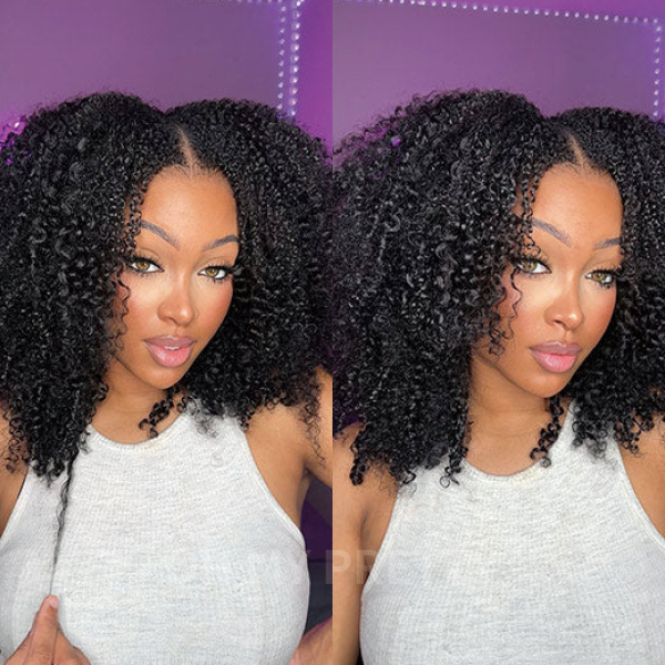 OhMyPretty V Part Afro Curly Wig Thin Part Human Hair Glueless Wig Beginner Friendly No Lace Protective Style