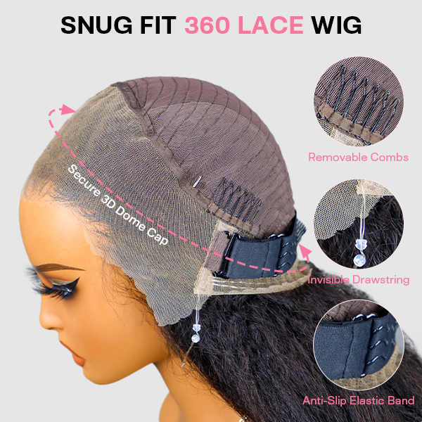 OMpretty 360 Kinky Straight Invisi Draw Strings Wear Go Glueless Pre-Bleached And Pre-Cut Lace Human Hair Wig