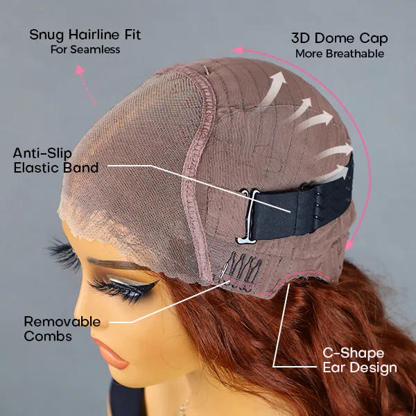 OhMyPretty Wear Go Glueless Reddish Brown Color Body Wave 7x5 Lace Wig With Pre-Plucked Realistic Hairline Pre-Cut Zig Zag Lace Mini Knots