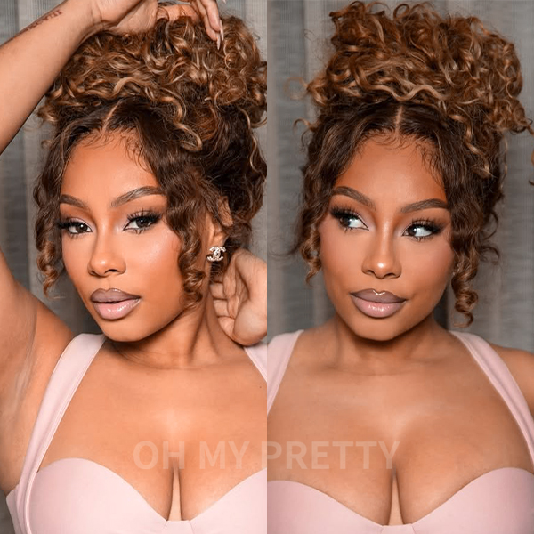 OMpretty Highlight Brown Water Wave 360 Wear Go Wig Invisi Drawstring Pre-Cut Lace Glueless Wigs