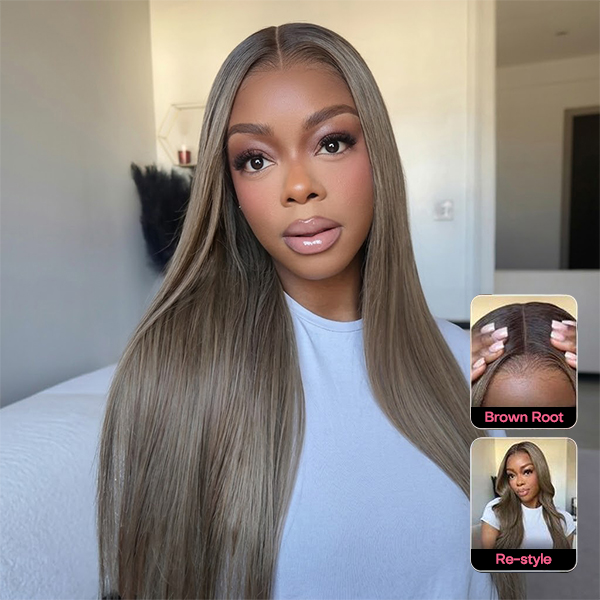 OhMyPretty Wear Go Straight Honey Blonde With Brown Roots Pre-Cut 6x4 Glueless Lace Wigs