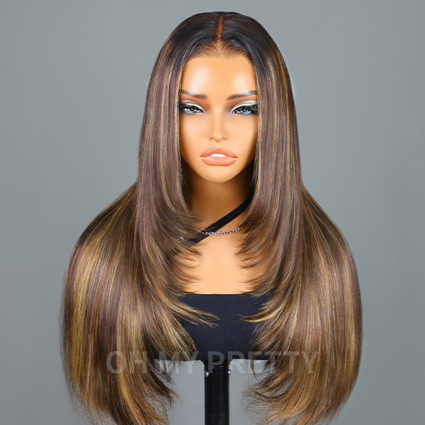 Layered Cut Balayage Highlight Silky Straight Wear Go Glueless 7x5 Lace Wig Pre-Bleached & Pre-Plucked & Pre Cut