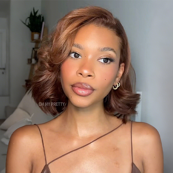 Layered Fluffy Blowout Style Bob Wear Go Glueless 7x5 Lace Closure Wig Straight HD Lace/ Brown Color Transparent Wig