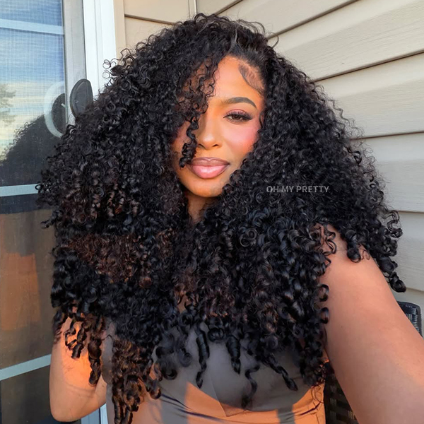  OhMyPretty Burmese Curly Wear Go Half Wig Invisi Draw Strings Glueless Wig for Beginners Human Hair