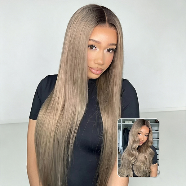 OhMyPretty Wear Go Straight Honey Blonde With Brown Roots Pre-Cut 6x4 Glueless Lace Wigs
