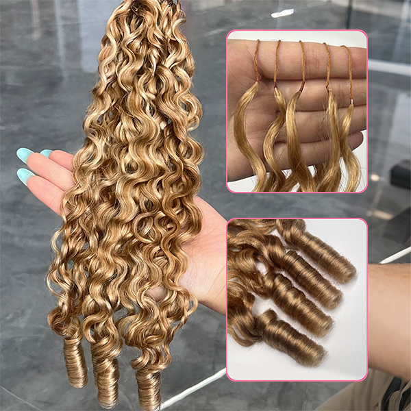 Brown Blonde Blend Burmese Curly #27/30/613 Crochet Human Hair for Boho Braids Pre-Separated Miracle Knots Tangle Free