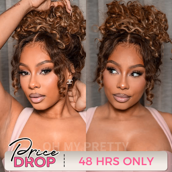 OMpretty Highlight Brown Water Wave 360 Wear Go Wig Invisi Draw Strings Pre-Cut Lace Glueless Wigs