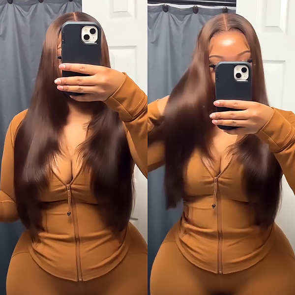 Chocolate Brown Color Layered Cut Straight Wear Go Glueless 6x4 HD Lace Wigs Pre-Plucked Hairline Pre-Cut Lace Tiny Knots 100% Human Hair