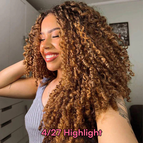 OhMyPretty Burmese Curly Highlight 4/27 Color  Wear Go Half Wig Flip Over Wig Invisible Hairline Draw-strings For Beginner