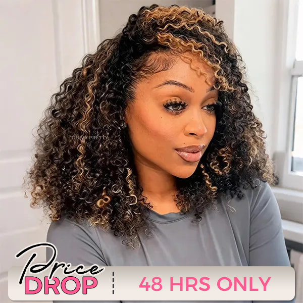 OhMyPretty Highlight Brown Wear Go Half Wig 3 IN 1 Kinky Curly Flip Over Wig Invisible Hairline Draw-strings For Beginner