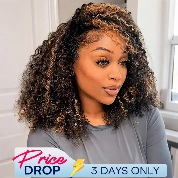 OhMyPretty Highlight Brown Wear Go Half Wig 3 IN 1 Kinky Curly Flip Over Wig Invisible Hairline Draw-strings For Beginner