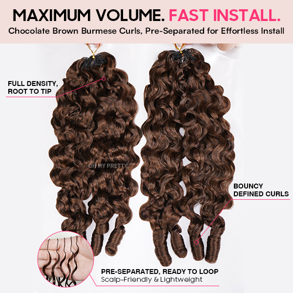 Chocolate Brown #4 Burmese Curly Color Crochet Hair Extension Pre-Separated Miracle Knots 100% Human Hair 