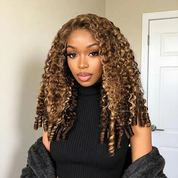 OhMyPretty Burmese Curly Highlight 4/27 Color  Wear Go Half Wig Flip Over Wig Invisible Hairline Draw-strings For Beginner