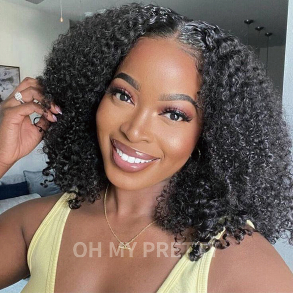 OhMyPretty V Part Afro Curly Wig Thin Part Human Hair Glueless Wig Beginner Friendly No Lace Protective Style