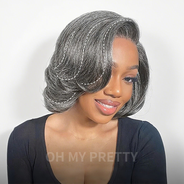 Boss Vibe Salt and Pepper Layered Bob Wear Go Glueless Pre-Cut Lace Grey Wig