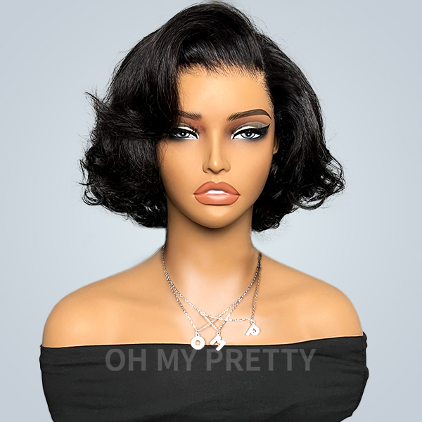 Layered Fluffy Blowout Style Bob Wear Go Glueless 7x5 Lace Closure Wig Yaki Straight HD Lace/ Brown Color Transparent Wig