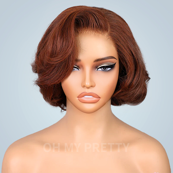 Layered Fluffy Blowout Style Bob Wear Go Glueless 7x5 Lace Closure Wig Yaki Straight HD Lace/ Brown Color Transparent Wig