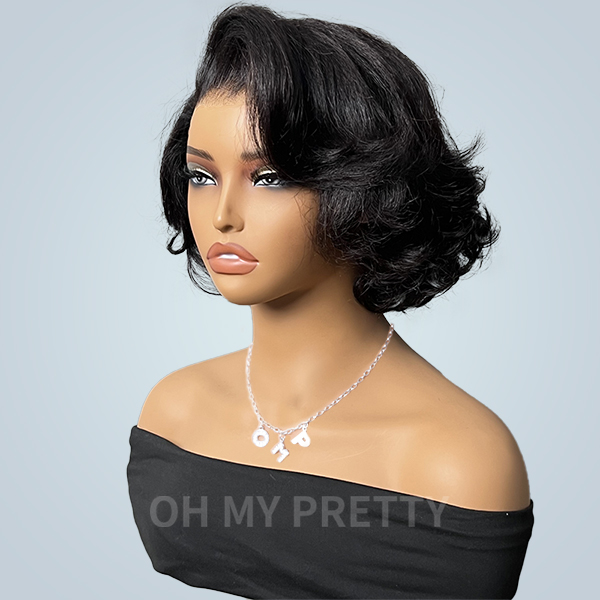 Layered Fluffy Blowout Style Bob Wear Go Glueless 7x5 Lace Closure Wig Yaki Straight HD Lace/ Brown Color Transparent Wig