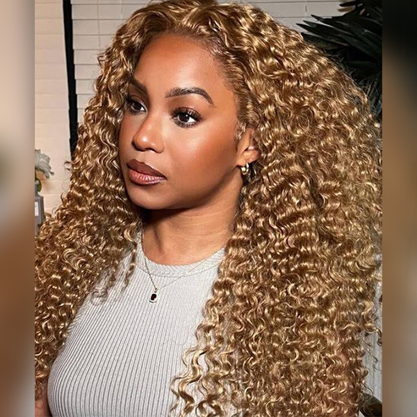 OhMyPretty Wear Go Glueless Honey Blonde #27 Color Water Wave 6x4 Lace Wig With Pre-plucked Hairline Secure 3D Dome Cap