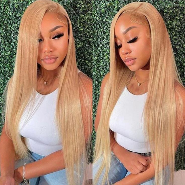 OhMyPretty Wear Go Glueless Honey Blonde #27 Color Straight 6x4 Lace Wig With Pre-plucked Hairline Secure 3D Dome Cap