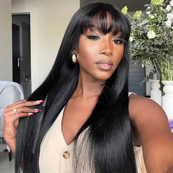 Flash Sale | Straight Hair Wig with Bangs Glueless Machine Made Realistic Scalp Soft 100% Human Hair Wigs