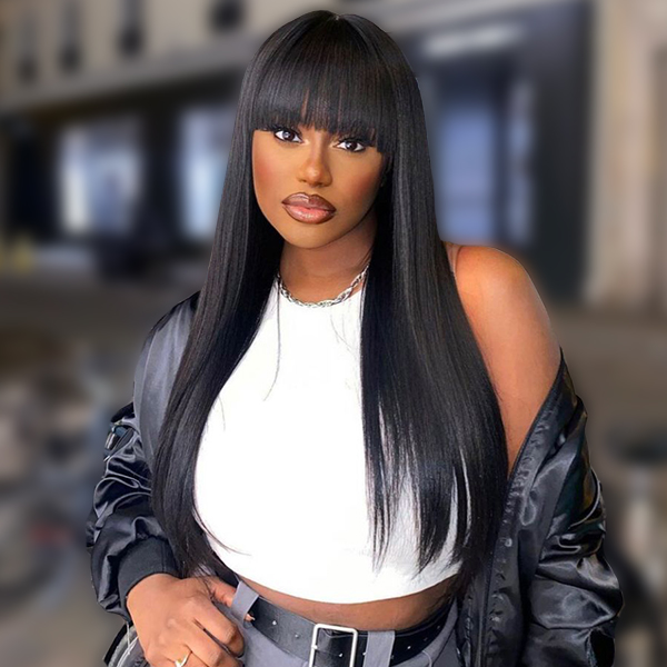 Flash Sale | Straight Hair Wig with Bangs Glueless Machine Made Realistic Scalp Soft 100% Human Hair Wigs
