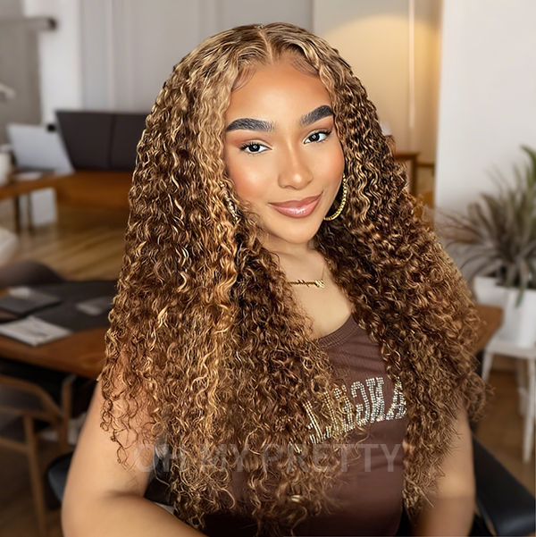 Wear Go Glueless Highlight Brown Kinky Curly 6x4 Lace Wig With Pre-plucked Hairline