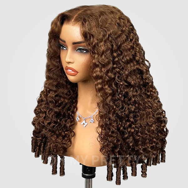 9x6 Burmese Curly Chocolate Brown Color Glueless Wig Pre Cut Lace Wear Go Wig With Elastic Drawstring
