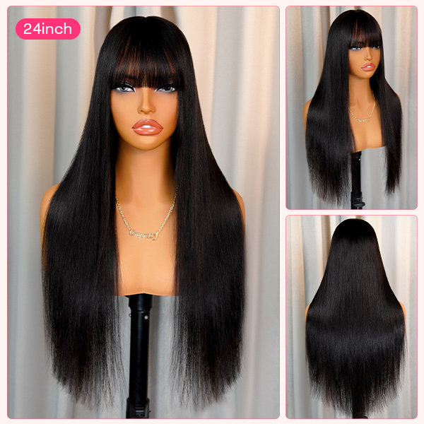 OhMyPretty Glueless Machine Made Realistic Scalp Soft Silky Straight Hair Wig with Bangs 100% Human Hair Wigs
