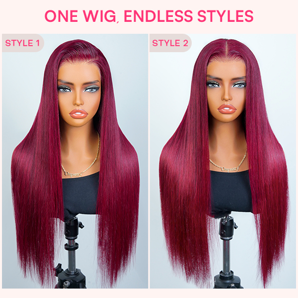 OhMyPretty Wear Go Glueless 99J Color Straight 7x5 Lace Wig With Pre-plucked Hairline Tiny Knots Pre-Cut Zig Zag Lace