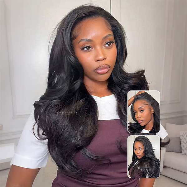 OhMyPretty Pre-Styled Butterfly Cut Layered Half Wig Sew In Wig Natural Black Human Hair Yaki Straight Wigs