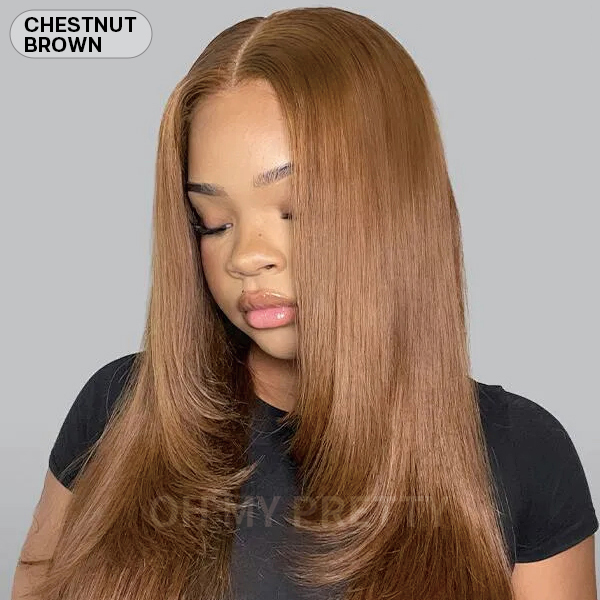 OhMyPretty Glueless Layered Cut Straight Wear Go 6x4 HD Lace Wigs Pre-Plucked Hairline Pre-Cut HD Lace Tiny Knots 100% Human Hair