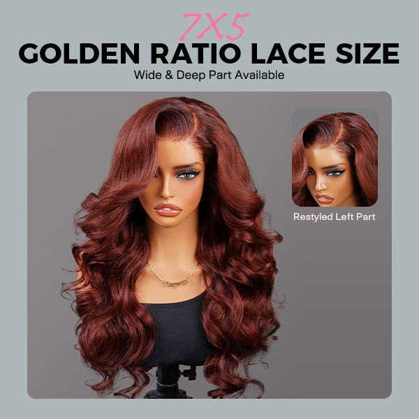 OhMyPretty Face-Framing Layers Reddish Brown Color Wear Go Upgraded Body Wave Glueless 7x5 Lace Wig With Pre-plucked Hairline