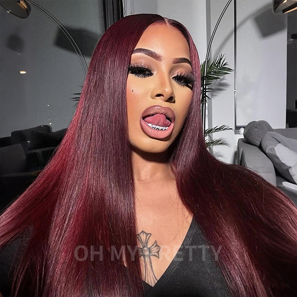 OhMyPretty Wear Go Glueless 99J Color Straight 6x4 Lace Wig With Pre-plucked Hairline Tiny Knots Pre-Cut Zig Zag Lace