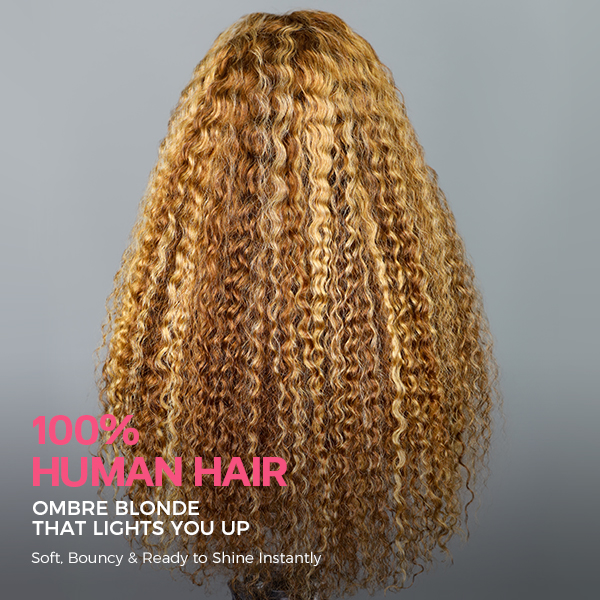 OMpretty Highlight Brown Water Wave 360 Wear Go Wig Invisi Draw Strings Pre-Cut Lace Glueless Wigs