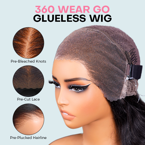 OMpretty 360 Kinky Straight Invisi Drawstring Wear Go Glueless Pre-Bleached And Pre-Cut Lace Human Hair Wig