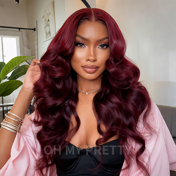 New In Layered Cut Body Wave 99J Burgundy 7x5 Wear Go Wig Pre-Cut Glueless Wig Human Hair
