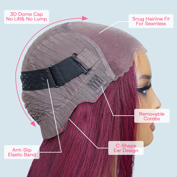 OhMyPretty Wear Go Glueless 99J Color Straight 7x5 Lace Wig With Pre-plucked Hairline Tiny Knots Pre-Cut Zig Zag Lace