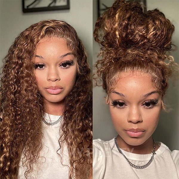 OMpretty Highlight Brown Water Wave 360 Wear Go Wig Invisi Drawstring Pre-Cut Lace Glueless Wigs