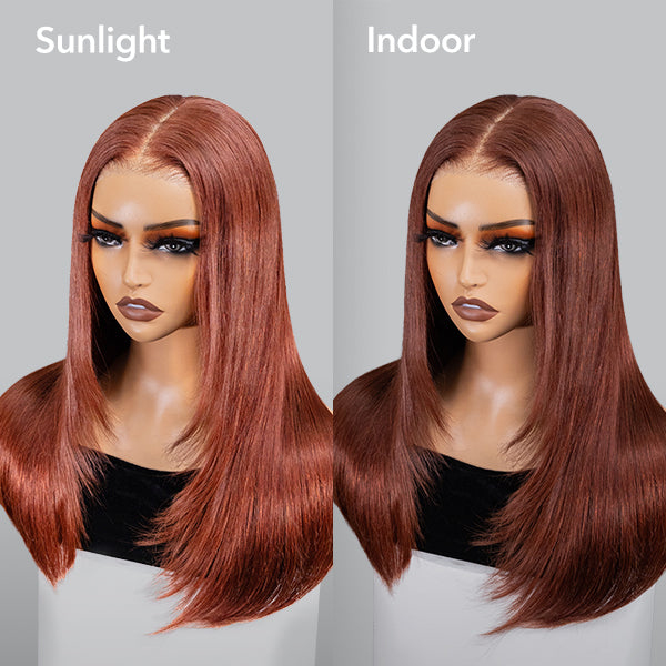 OhMyPretty Glueless Layered Cut Reddish Brown Straight Wear Go 6x4 HD Lace Wigs Pre-Plucked Hairline Pre-Cut HD Lace Tiny Knots