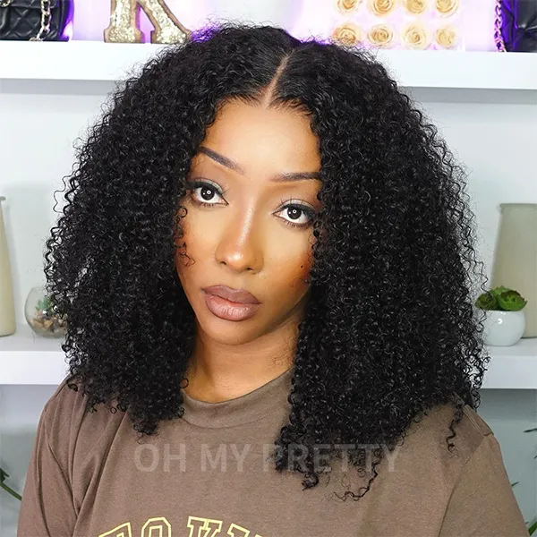 OhMyPretty Wear Go Kinky Curly Glueless 7x5 Lace Wig Super Natural Hairline Silky Human Hair Pre plucked &Pre Bleached & Pre Cut