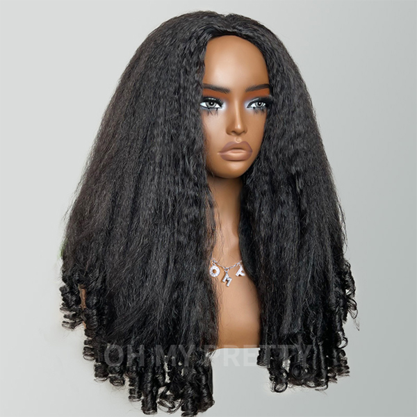 OhMyPretty Wear Go Half Wig 3 IN 1 Kinky Straight With Spiral Curly Ends Flip Over Wig For Beginner Invisible Hairline