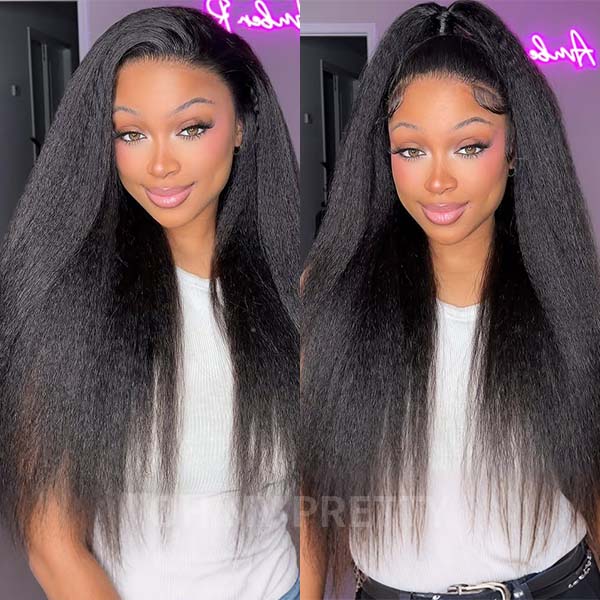 OMpretty 360 Kinky Straight Invisi Drawstring Wear Go Glueless Pre-Bleached And Pre-Cut Lace Human Hair Wig