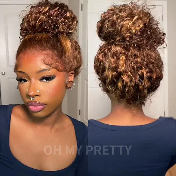 OMpretty Highlight Brown Water Wave 360 Wear Go Wig Invisi Drawstring Pre-Cut Lace Glueless Wigs