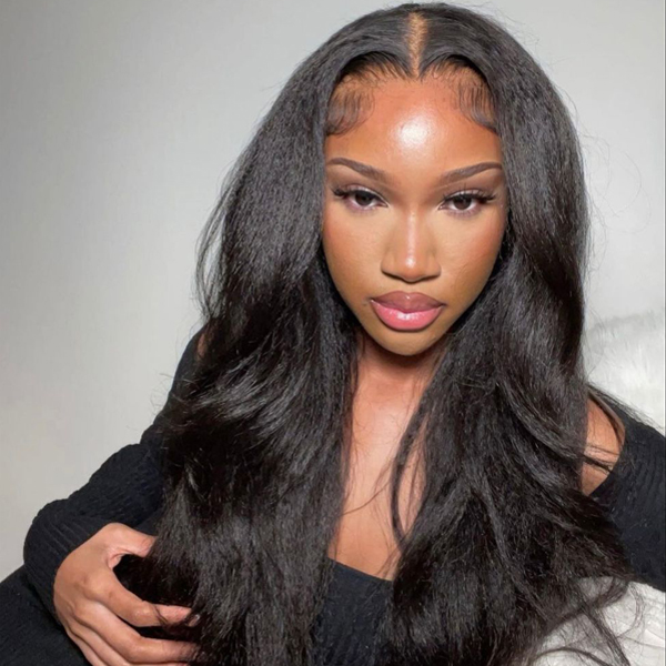 OhMyPretty Kinky Straight 13x4 HD Lace Front Wig Prebleached Knots With Pre-plucked Edges