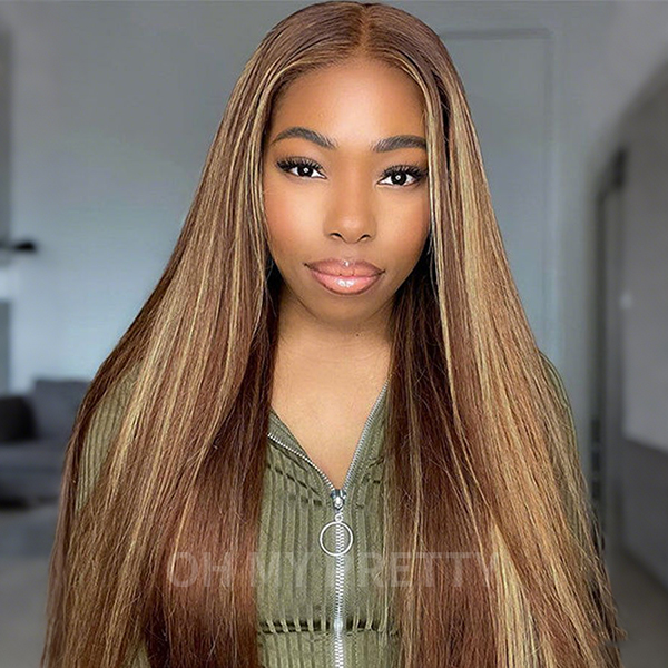 OhMyPretty Wear Go Glueless 9x6 Lace Highlight Brown Straight Wig M Cap Super Natural Hairline Silky Human Hair  Mini Knots Pre plucked & Pre Cut