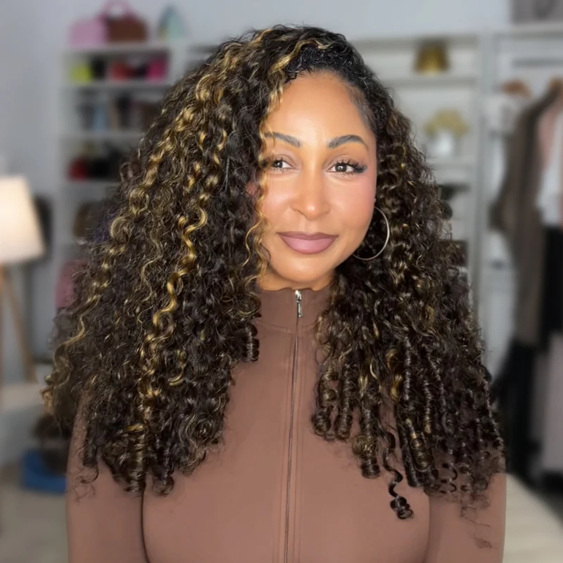 OhMyPretty 1B/30 Highlight Burmese Curly Wear Go Half Wig Flip Over Wig Invisible Hairline Draw-strings For Beginner